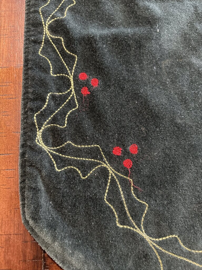 Velvet Green Christmas Table Runner W/ Holly- 12.5X52H