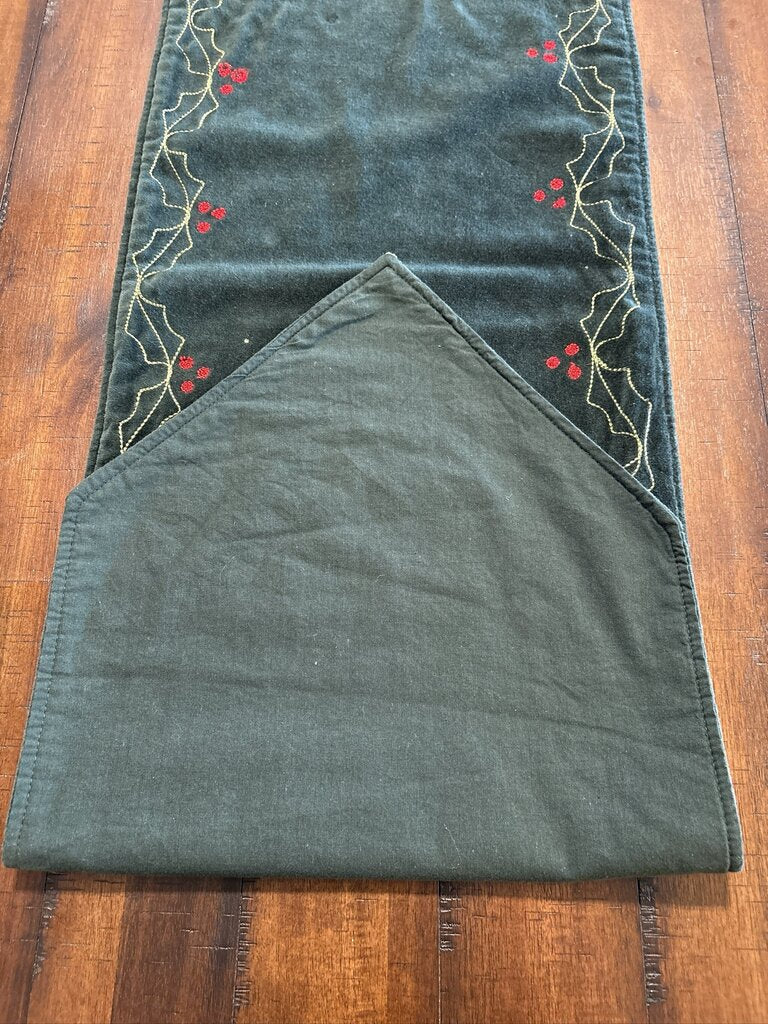 Velvet Green Christmas Table Runner W/ Holly- 12.5X52H
