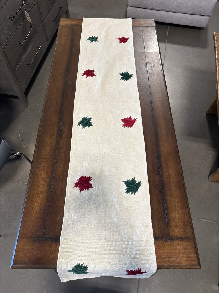 White Velvet Table Runner W/ Fall Leaves- 13X72H