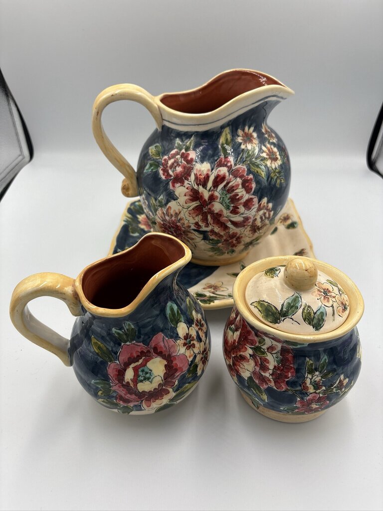 Floral Ceramic Pitcher W/ Cream & Sugar on Platter-4X5X5