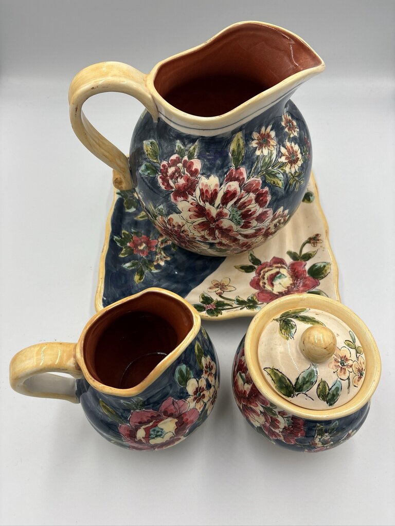 Floral Ceramic Pitcher W/ Cream & Sugar on Platter-4X5X5