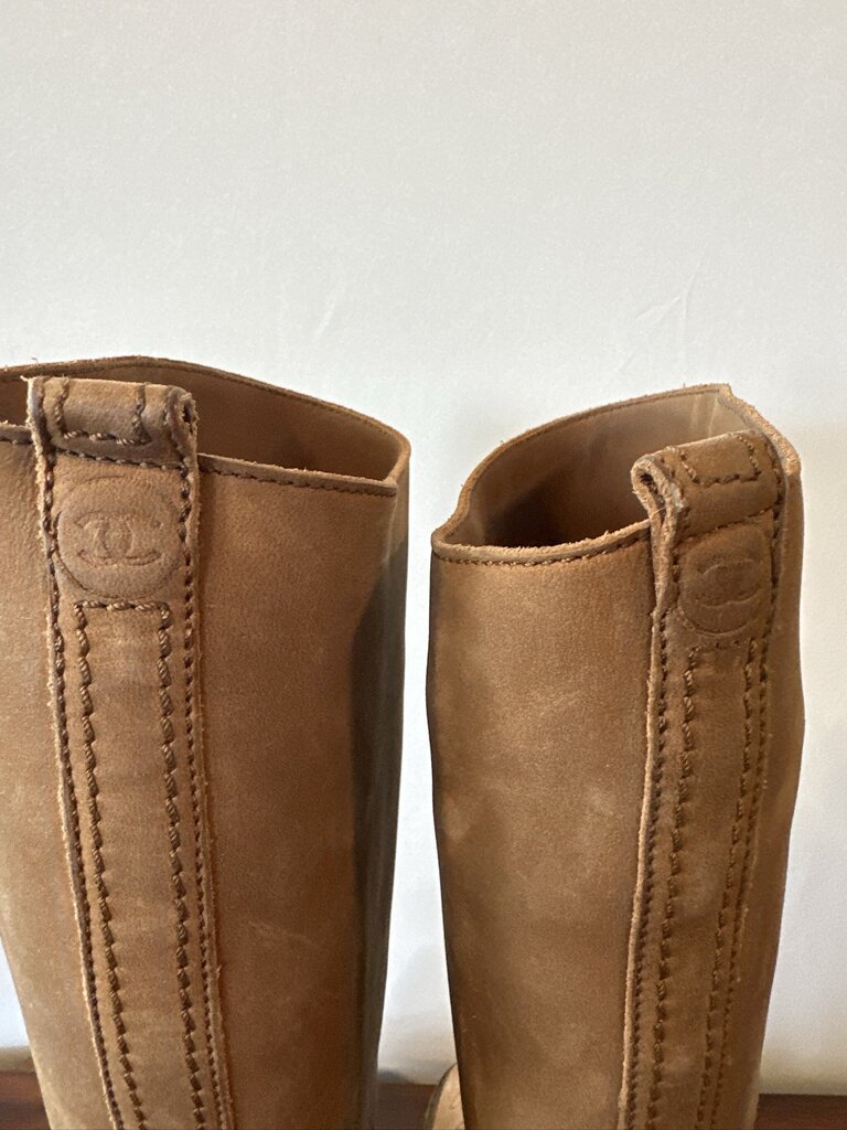 Vintage CHANEL Resort 2011 Nubuck Leather Lace-Up Tall Riding Boots 38.5