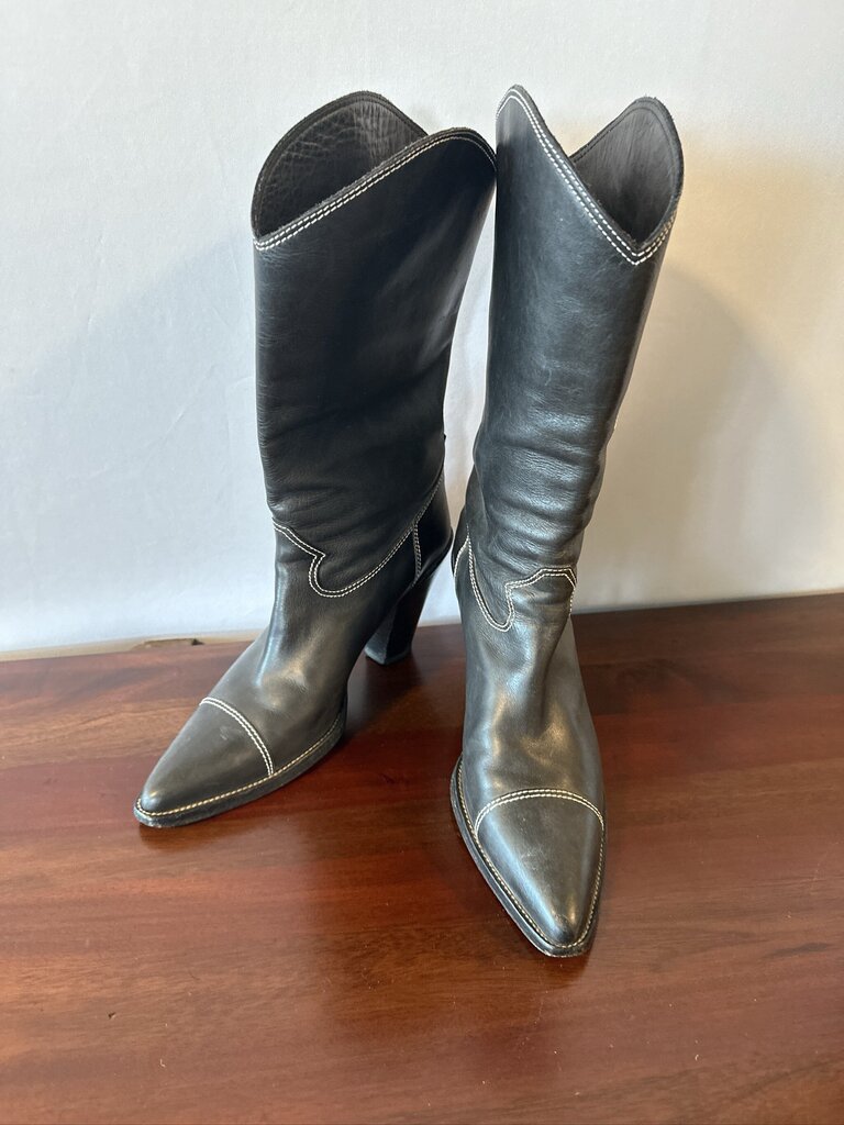 Vintage Chanel Interlocking CC Black Leather Cap-Toe Western Cowboy Boots Size IT 38 / US 7.5