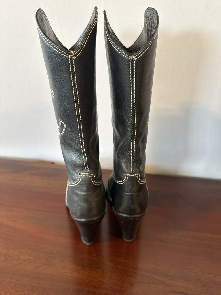 Vintage Chanel Interlocking CC Black Leather Cap-Toe Western Cowboy Boots Size IT 38 / US 7.5
