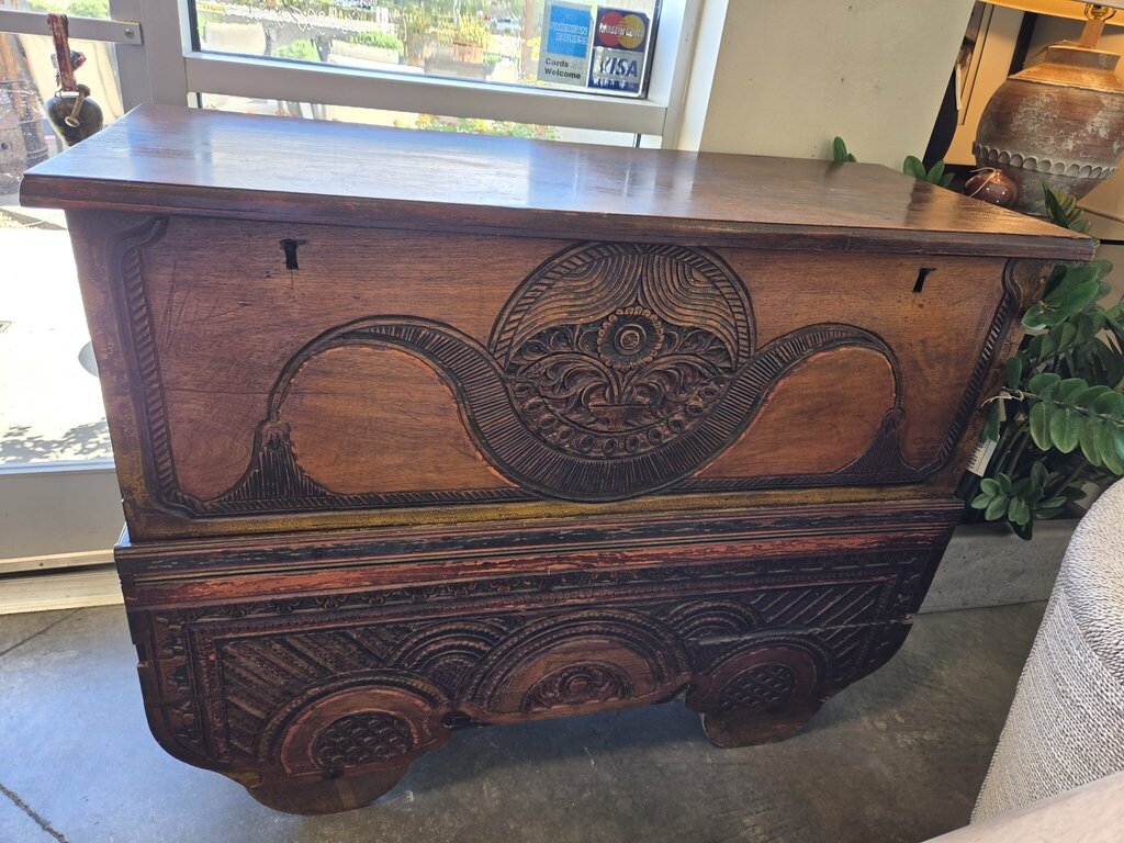 Vintage Carved Wood Chest On Wheels- 50X20X40- AS IS