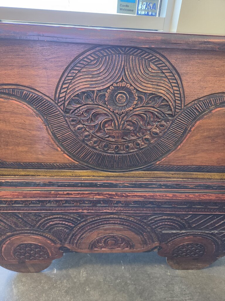 Vintage Carved Wood Chest On Wheels- 50X20X40- AS IS