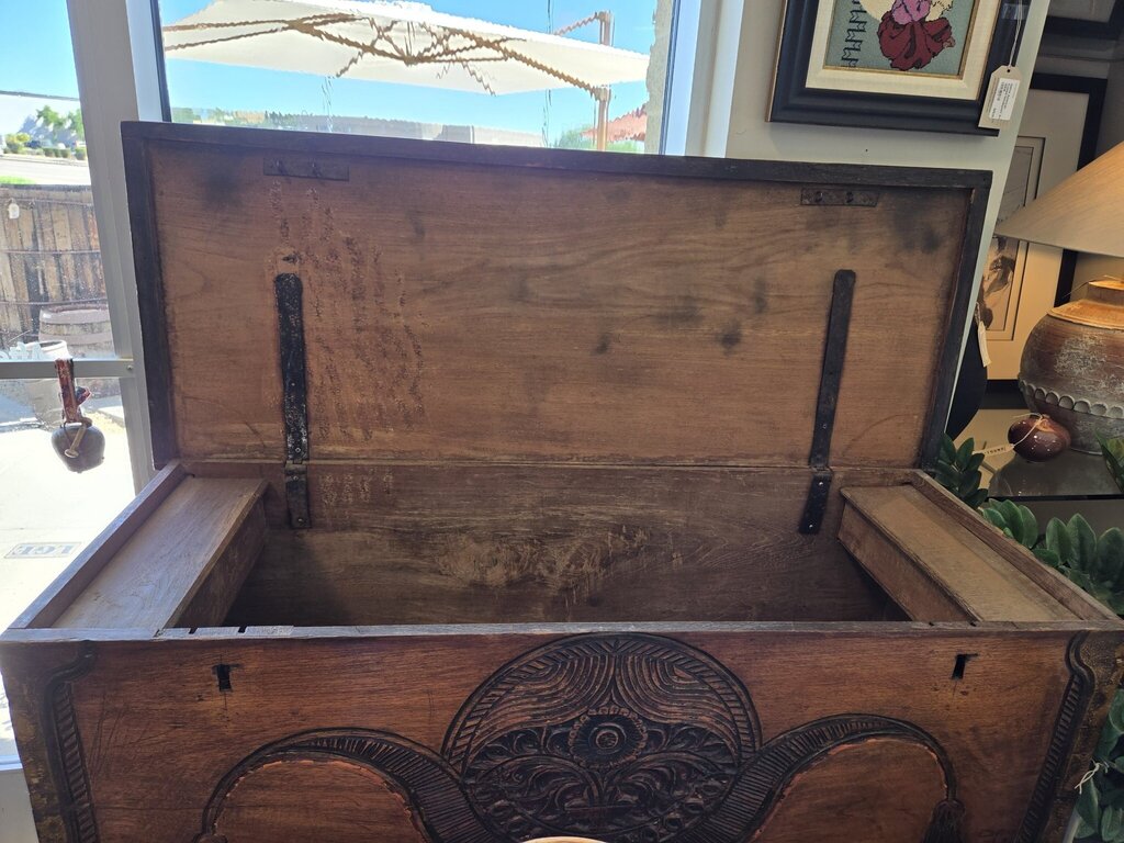 Vintage Carved Wood Chest On Wheels- 50X20X40- AS IS