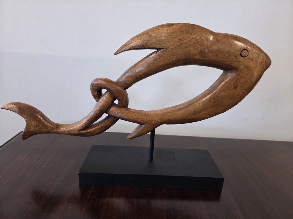 Carved Wood Fish Art On Stand- 18X4X11