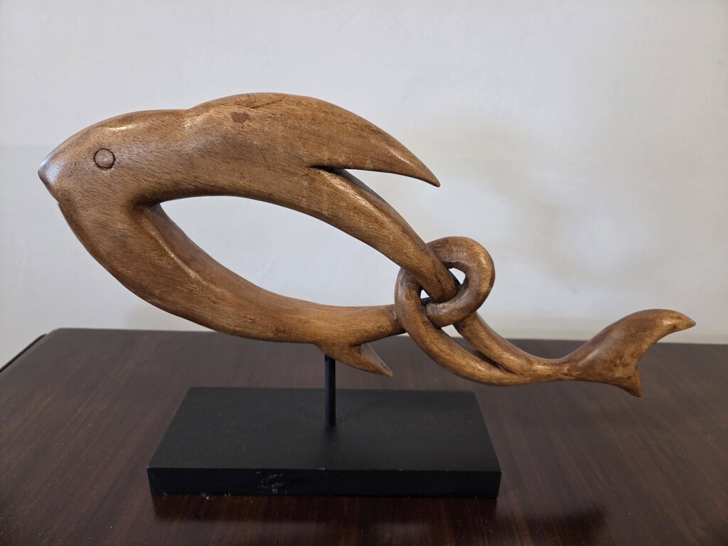 Carved Wood Fish Art On Stand- 18X4X11