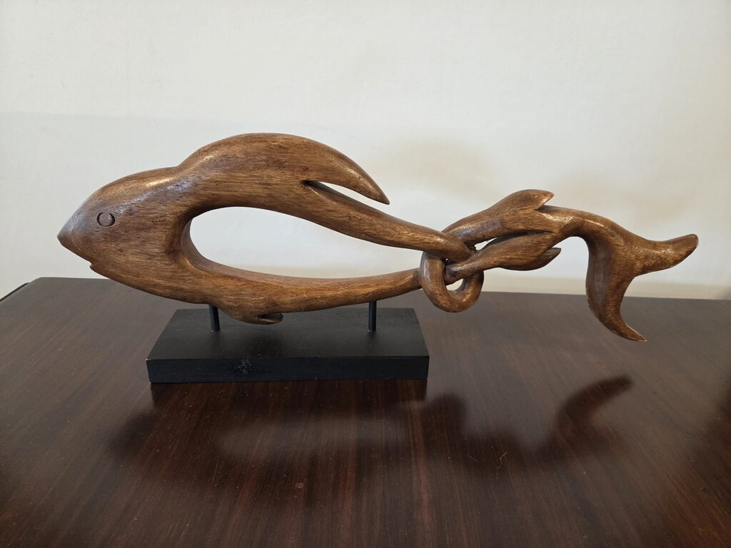 Carved Wood Fish Art On Stand- 23X4X9