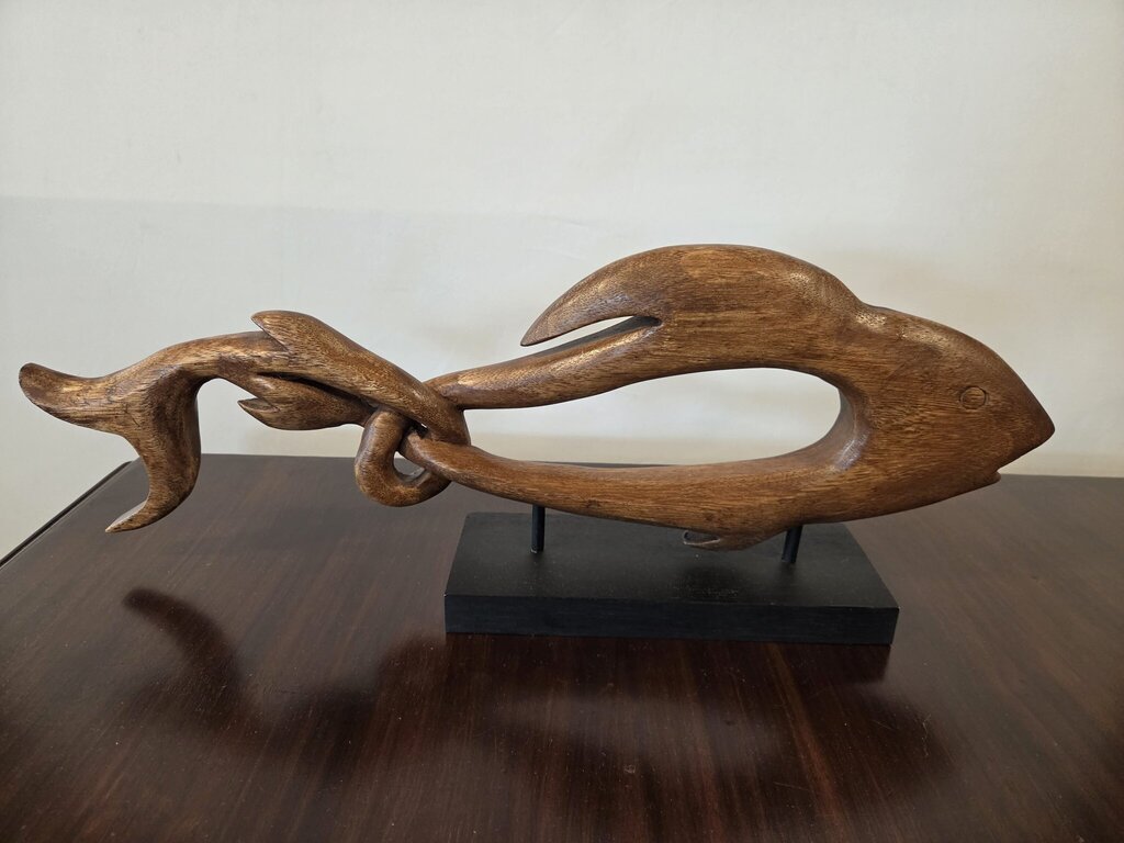 Carved Wood Fish Art On Stand- 23X4X9