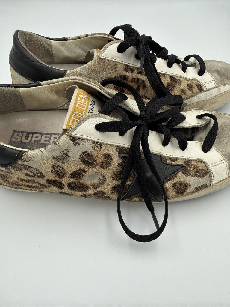 Golden Goose Super-Star Distressed Leopard-Print Calf Hair Sneakers - Size 39