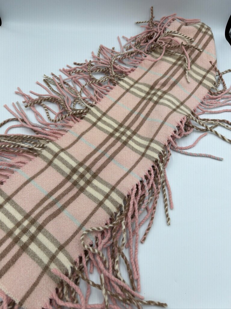 Burberry Vintage Cashmere Nova Check "Happy" Double Fringe Scarf Pink
