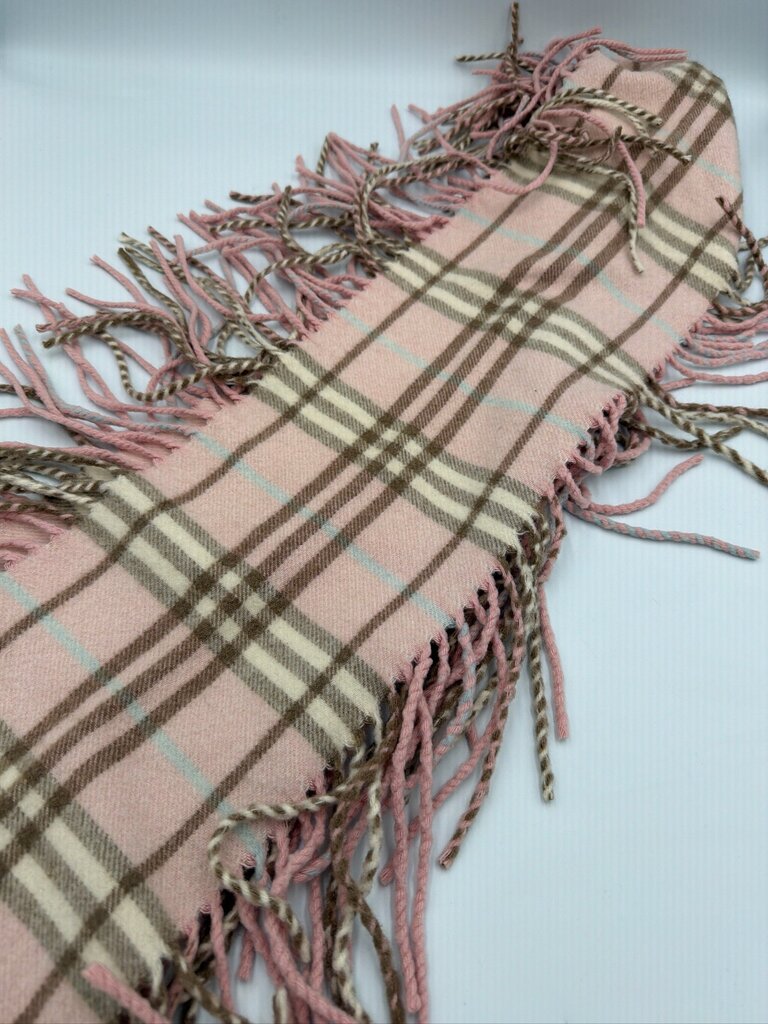 Burberry Vintage Cashmere Nova Check "Happy" Double Fringe Scarf Pink