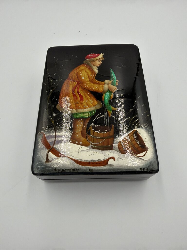 Vintage Fedoskino Russian Lacquer Box by Katerina Pak - "By the Pike's Wish" Folk Story