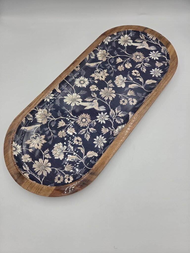 Blue & White Floral Acacia Wood Tray - 18X8