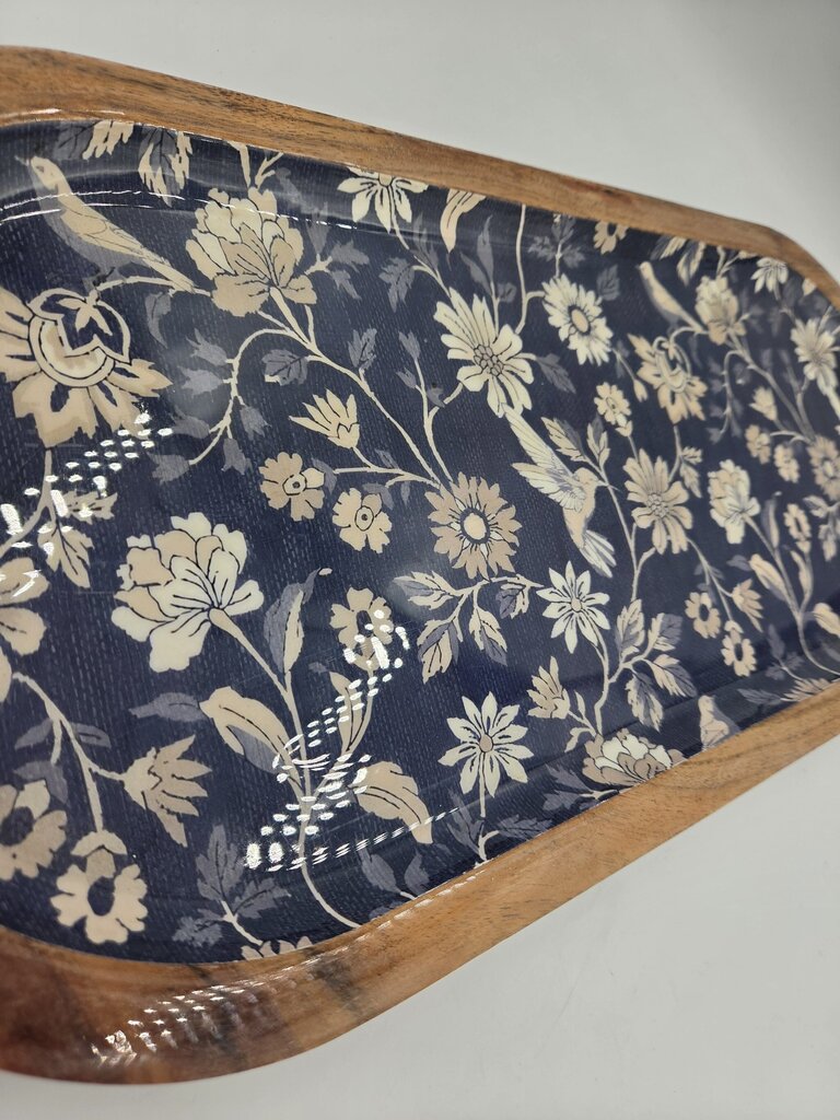 Blue & White Floral Acacia Wood Tray - 18X8