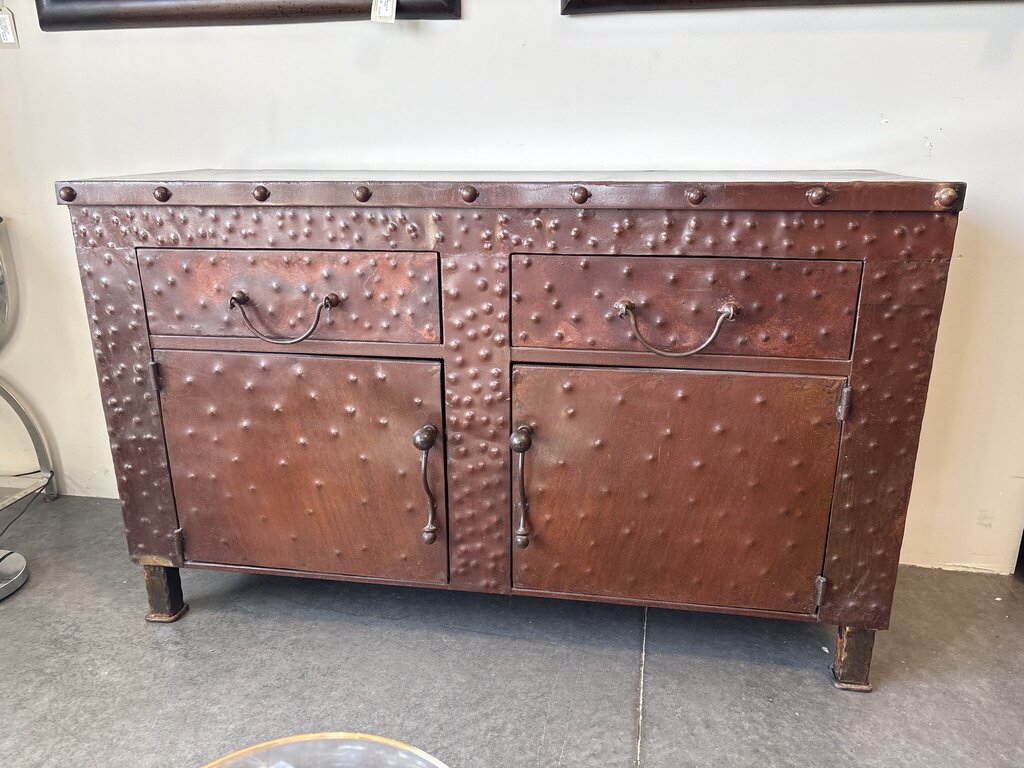 Hammered Rusted Metal 2 Door/ 2 Drawer Cabinet- 58X20X36- AS IS