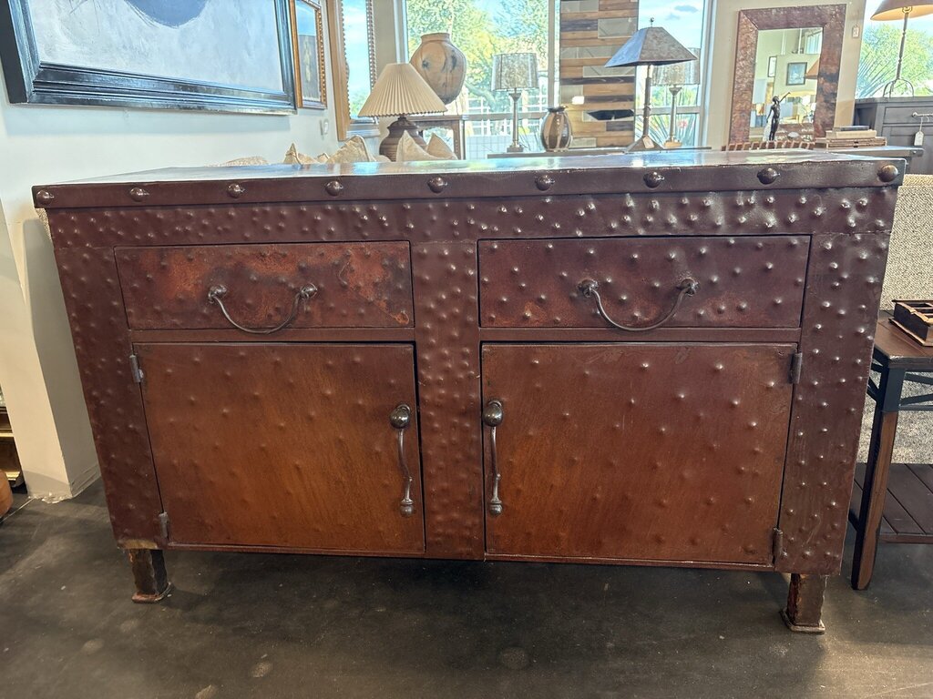 Hammered Rusted Metal 2 Door/ 2 Drawer Cabinet- 58X20X36- AS IS