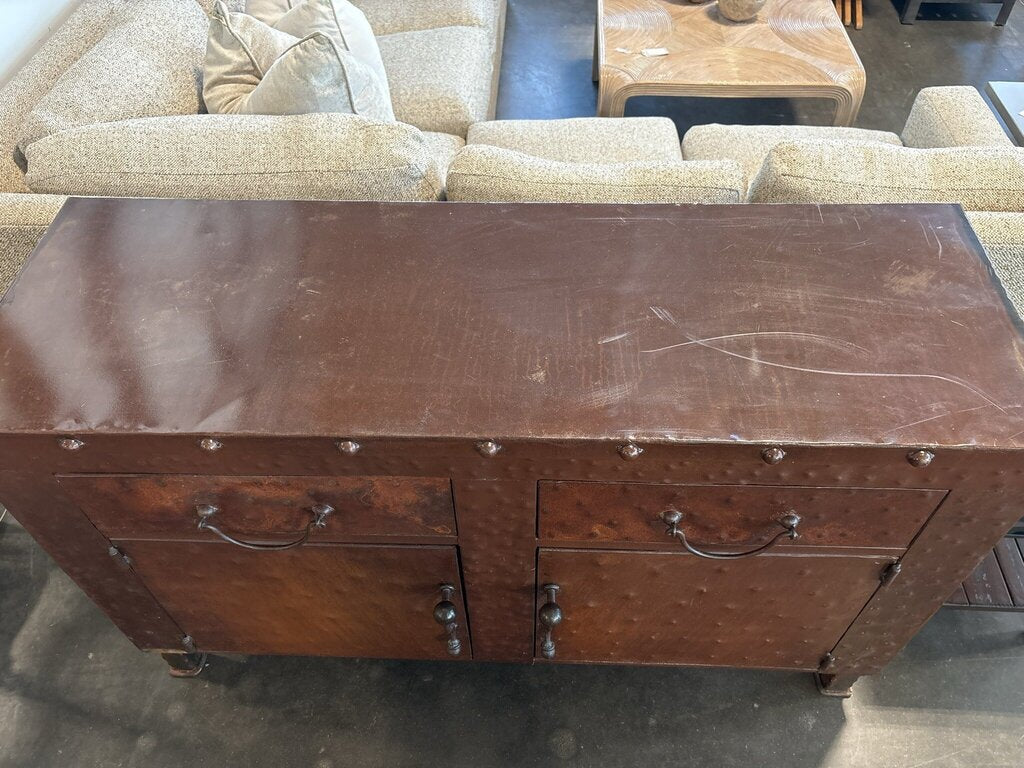 Hammered Rusted Metal 2 Door/ 2 Drawer Cabinet- 58X20X36- AS IS