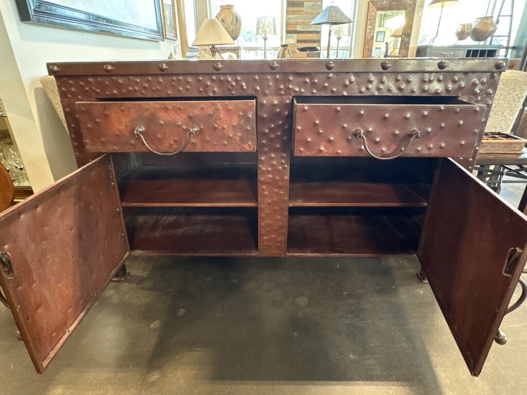 Hammered Rusted Metal 2 Door/ 2 Drawer Cabinet- 58X20X36- AS IS