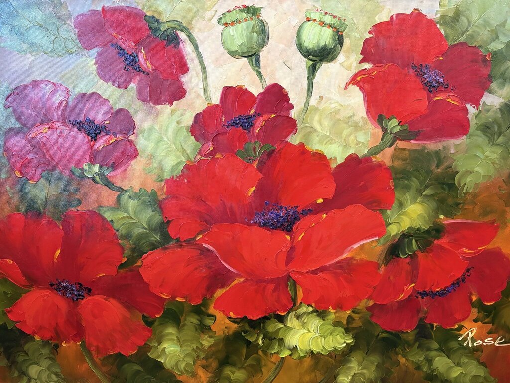 Original Poppies Art Signed By Rose- 46X2X33