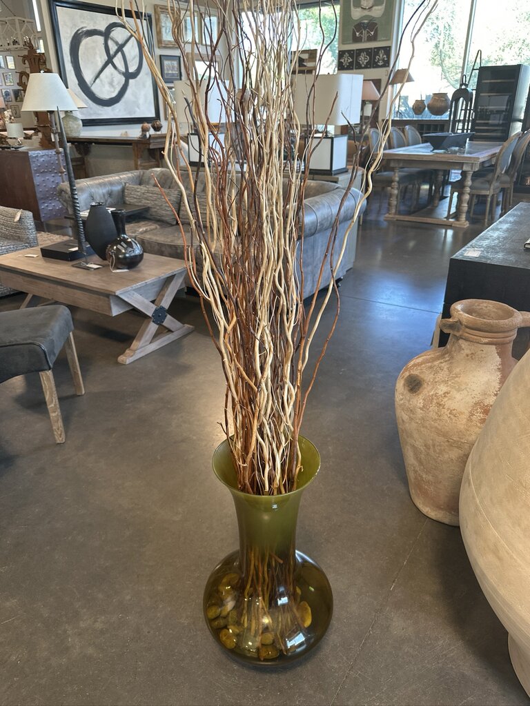 Glass Green Vase W/Rocks & Curly Willow- 12X12X65
