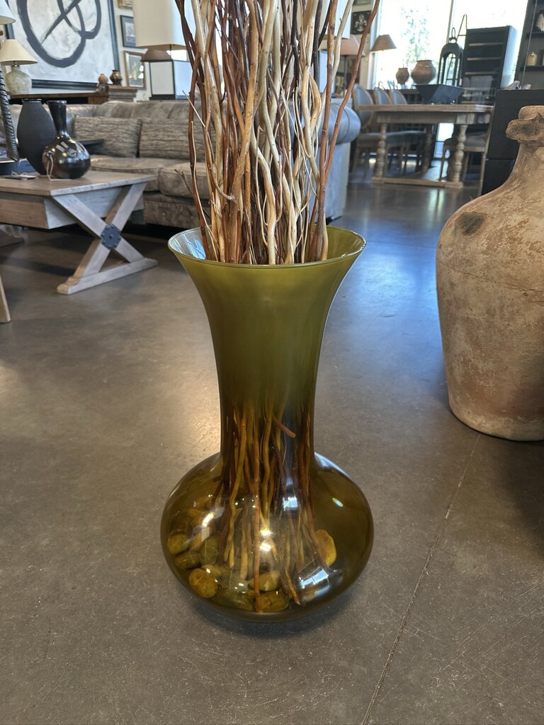 Glass Green Vase W/Rocks & Curly Willow- 12X12X65
