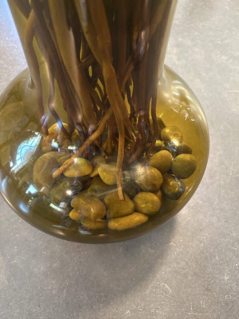 Glass Green Vase W/Rocks & Curly Willow- 12X12X65