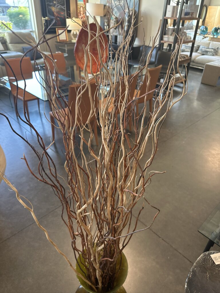 Glass Green Vase W/Rocks & Curly Willow- 12X12X65