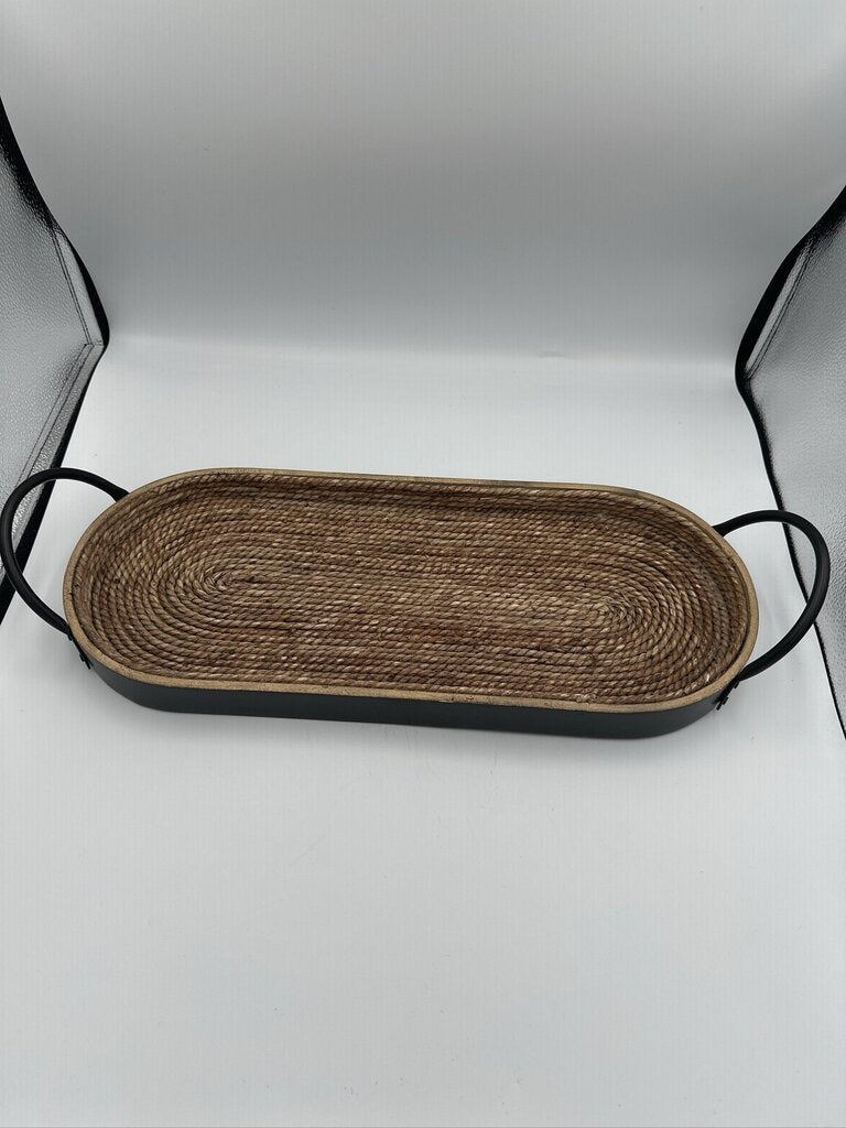 Rattan Lined Oval Wood Tray W/ Metal Handles- 21X8X4