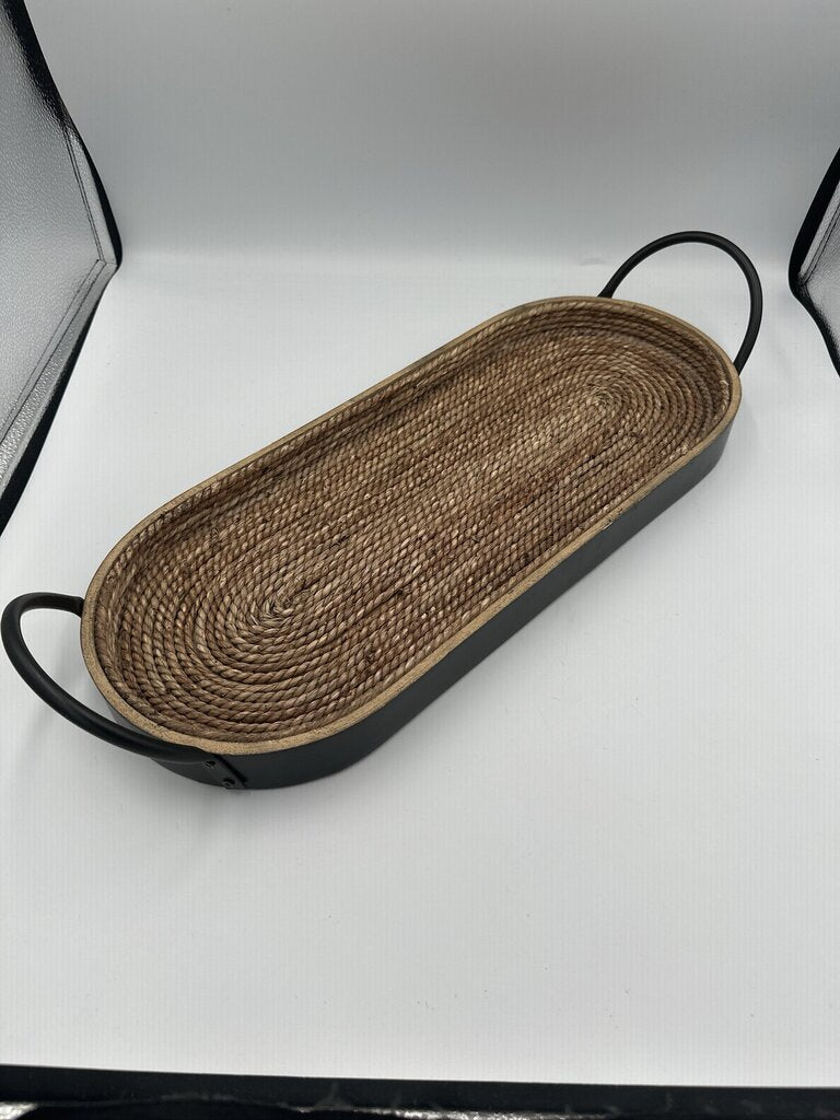 Rattan Lined Oval Wood Tray W/ Metal Handles- 21X8X4