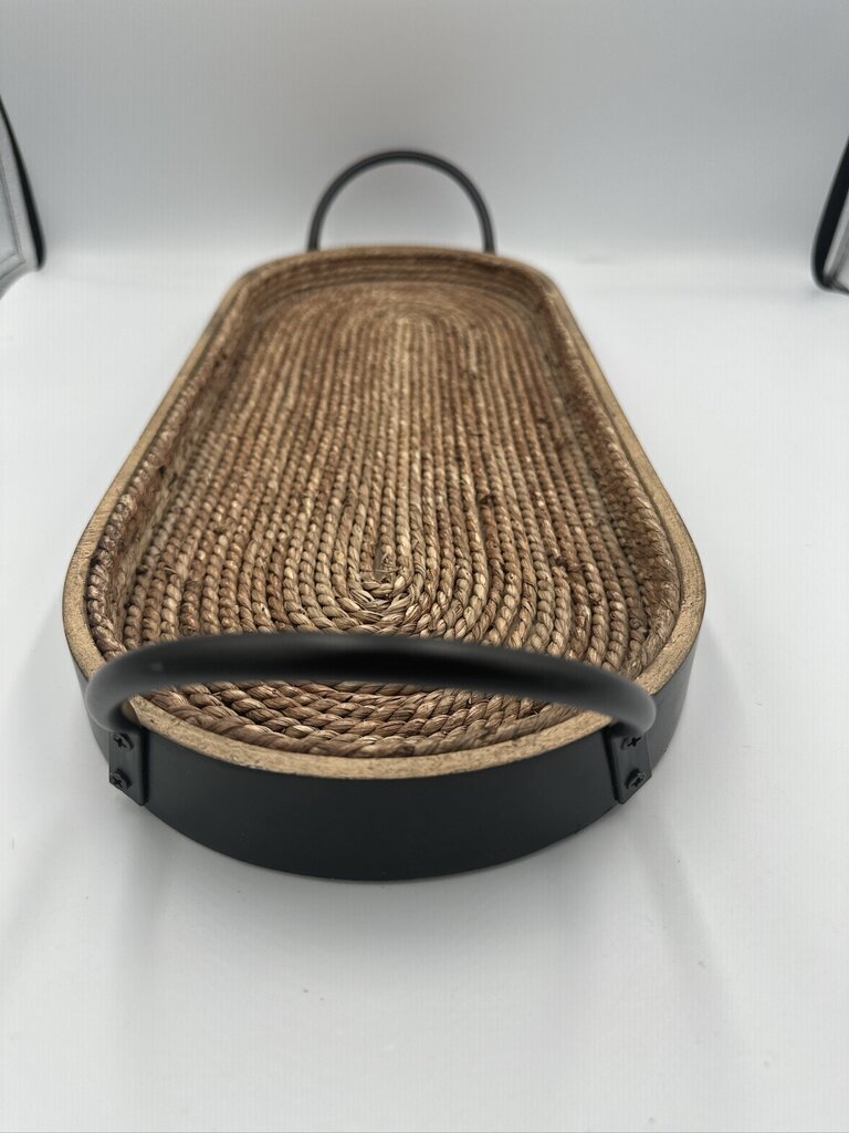 Rattan Lined Oval Wood Tray W/ Metal Handles- 21X8X4