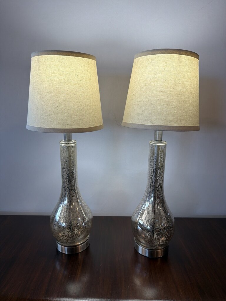 Mercury Glass Style Lamps W/ Cream Shades- Pair- 9X9X25H