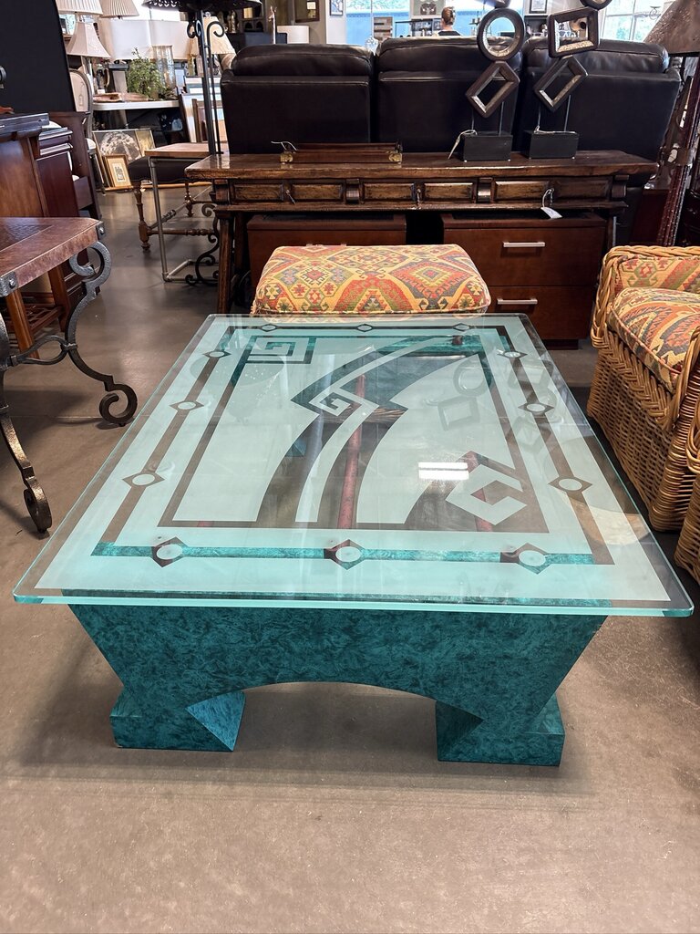 SW Etched Glass Coffee Table W/ Turquoise Painted Base-