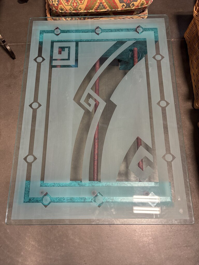 SW Etched Glass Coffee Table W/ Turquoise Painted Base-