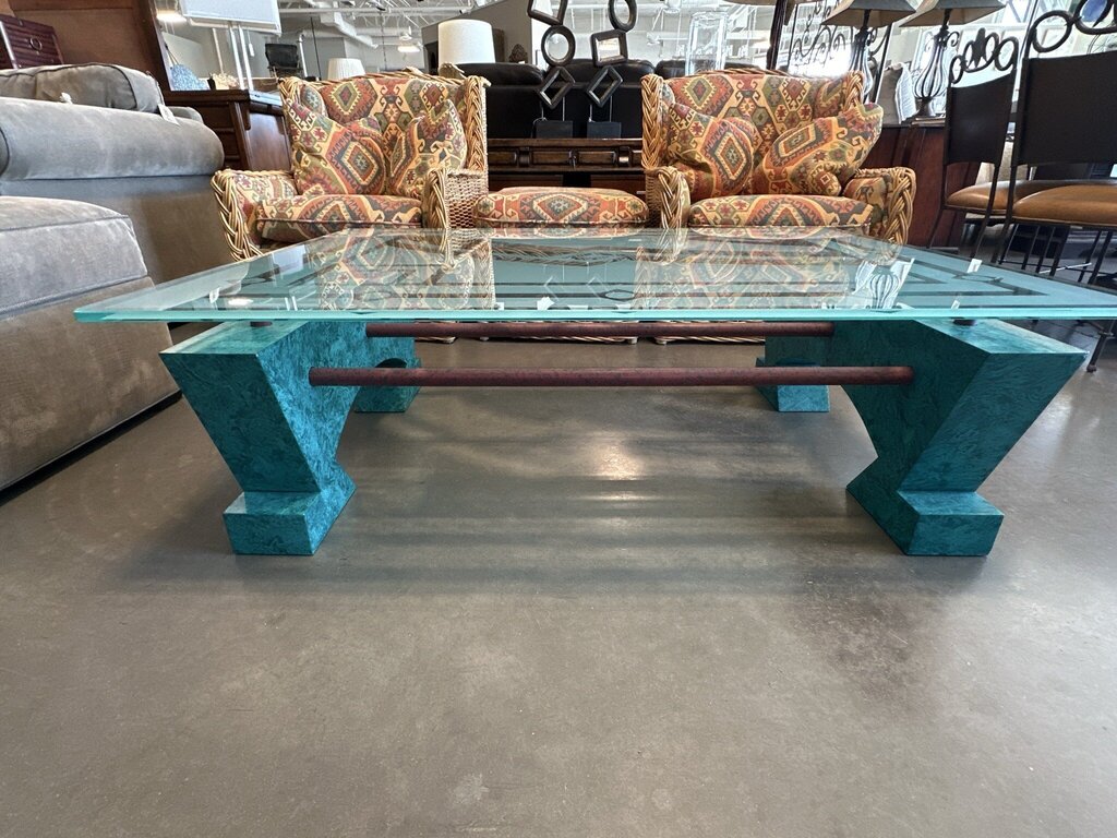 SW Etched Glass Coffee Table W/ Turquoise Painted Base-