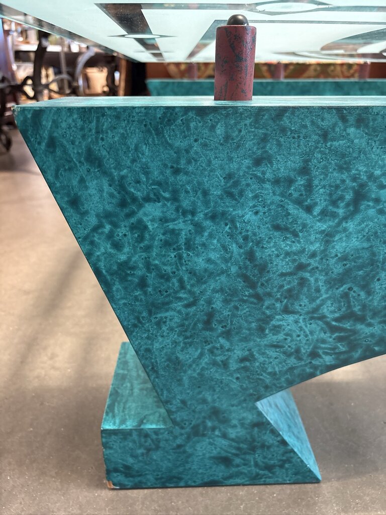SW Etched Glass Coffee Table W/ Turquoise Painted Base-