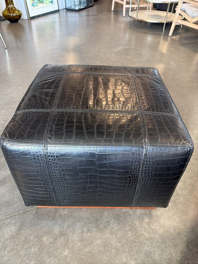 Ralph Lauren Black Embossed Leather Ottoman ||-24X24X18-AS IS