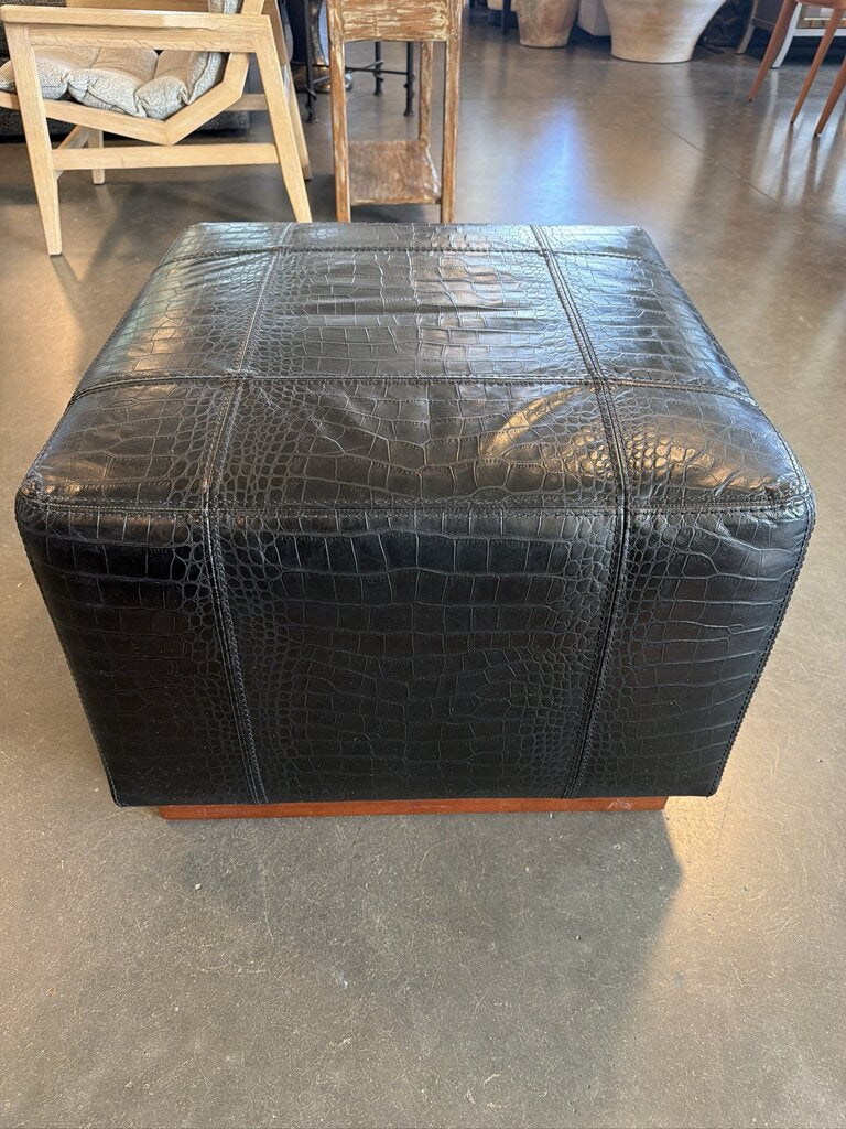Ralph Lauren Black Embossed Leather Ottoman ||-24X24X18-AS IS