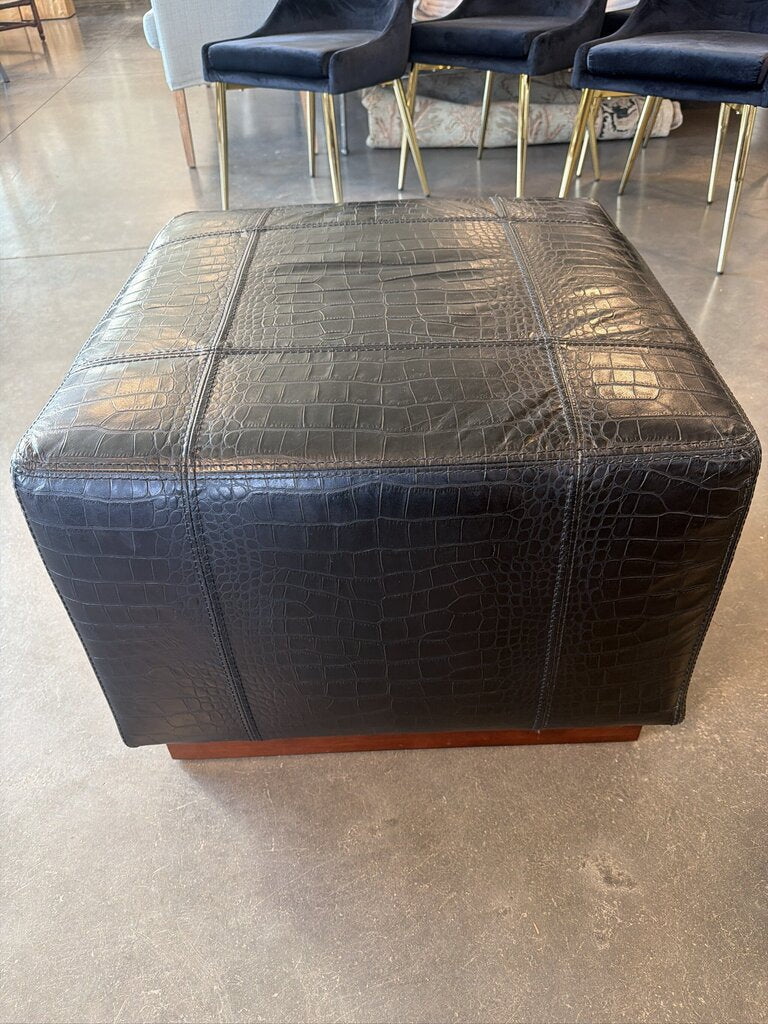 Ralph Lauren Black Embossed Leather Ottoman ||-24X24X18-AS IS