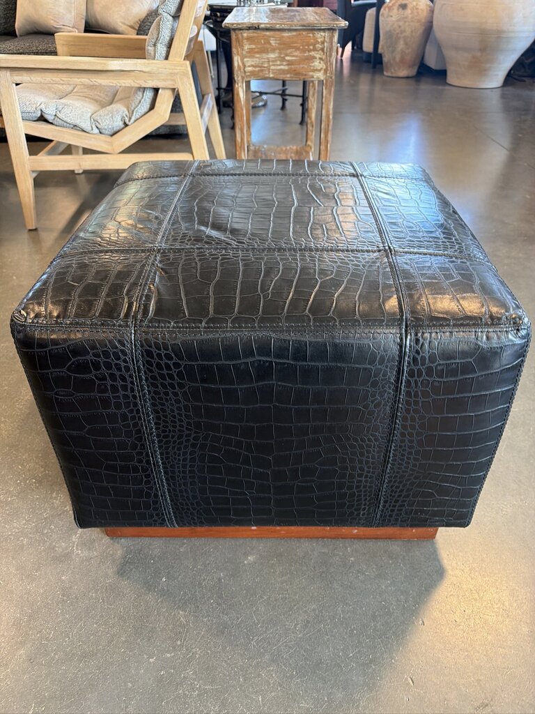 Ralph Lauren Black Embossed Leather Ottoman |-24X24X18-AS IS