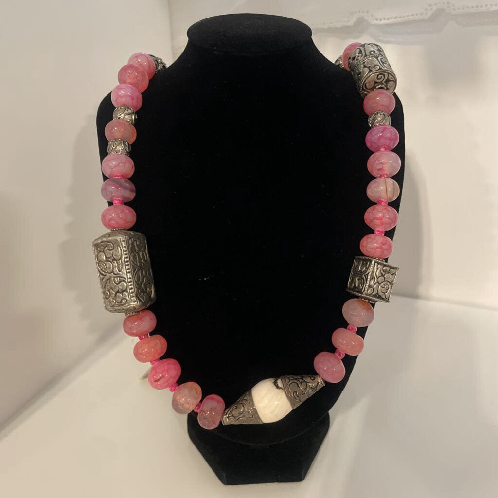 Pink Beaded Necklace W/ Silver Chunky Beads - 24"