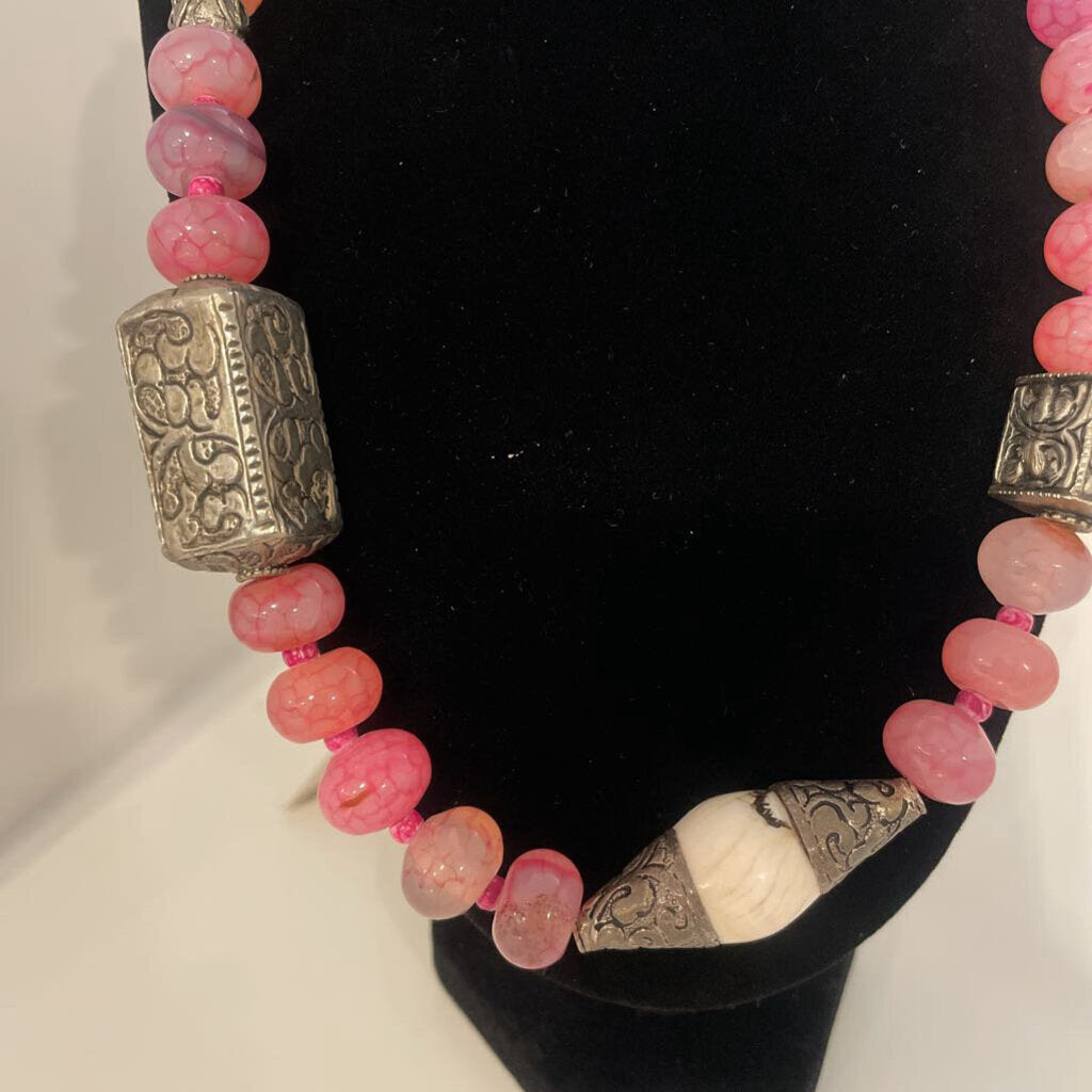 Pink Beaded Necklace W/ Silver Chunky Beads - 24"