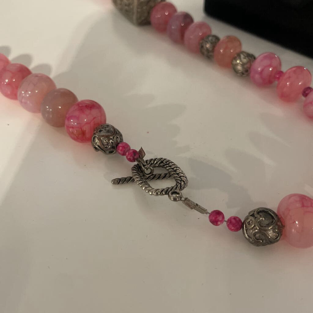 Pink Beaded Necklace W/ Silver Chunky Beads - 24"