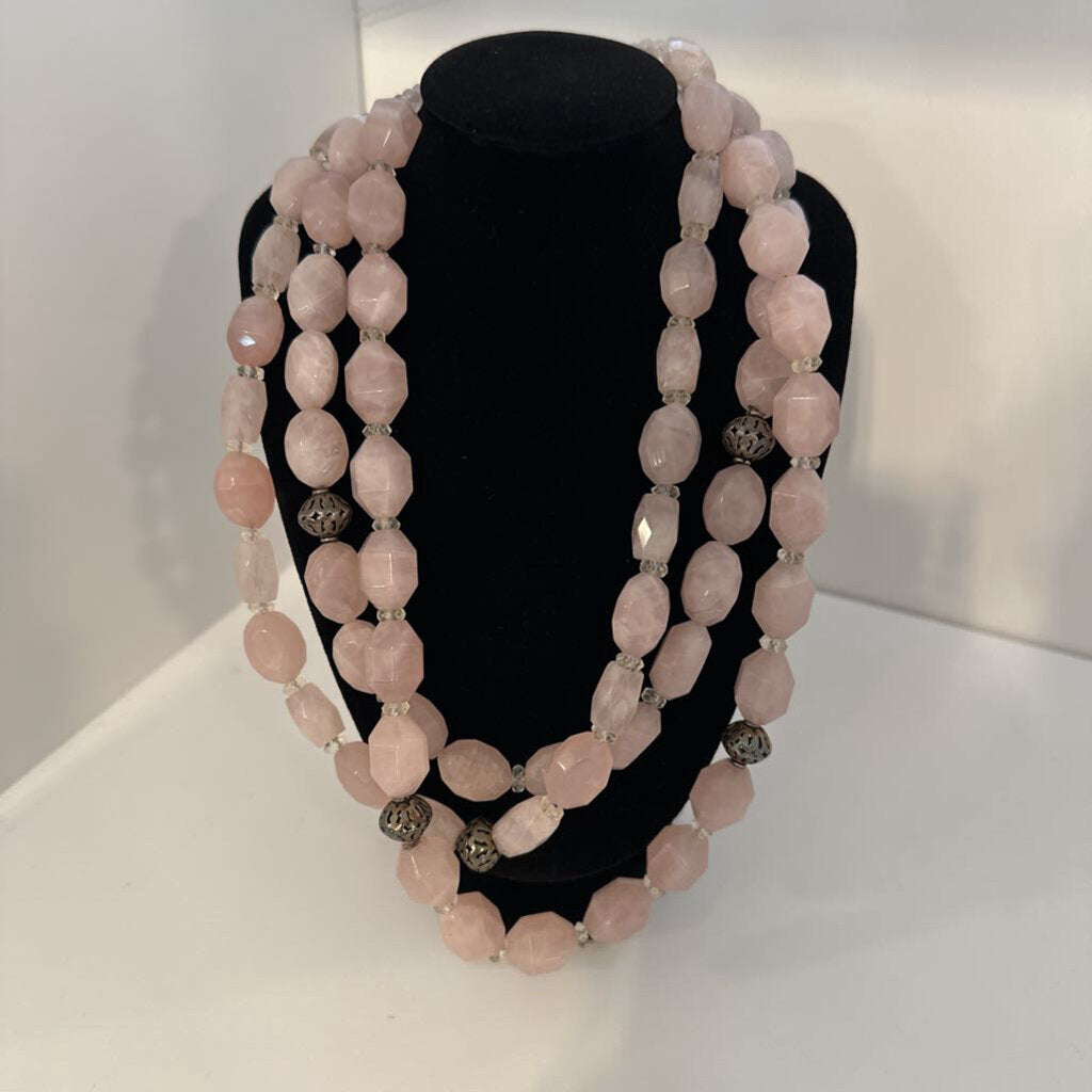 Rose Quartz Necklace W/ Silver Accents - Triple Strand