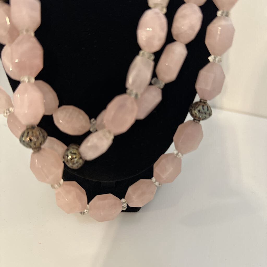 Rose Quartz Necklace W/ Silver Accents - Triple Strand