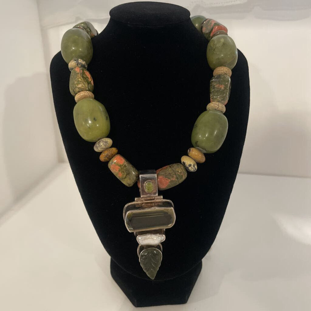 Unakite and Jasper Necklace W/ Silver & Stone Pendant
