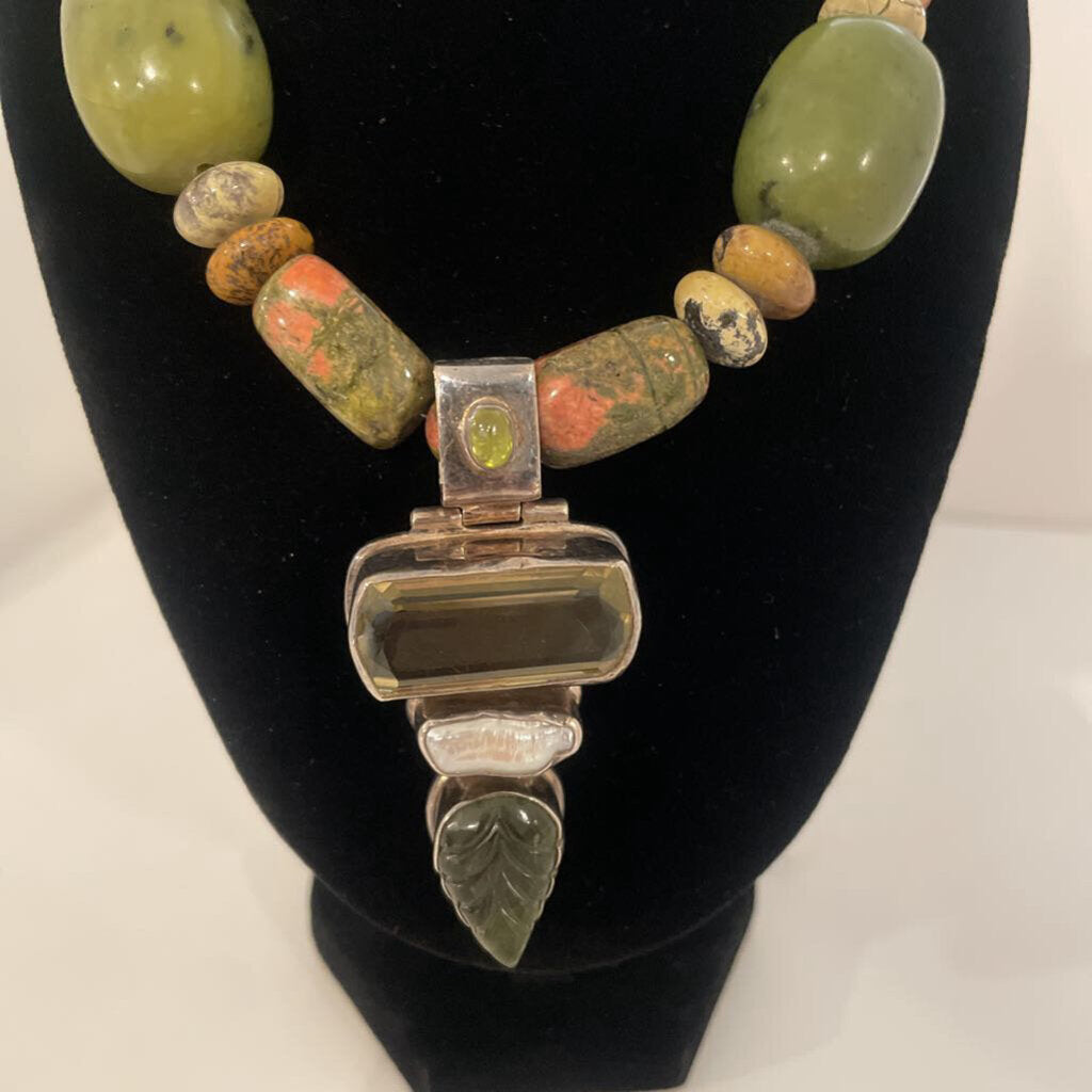 Unakite and Jasper Necklace W/ Silver & Stone Pendant