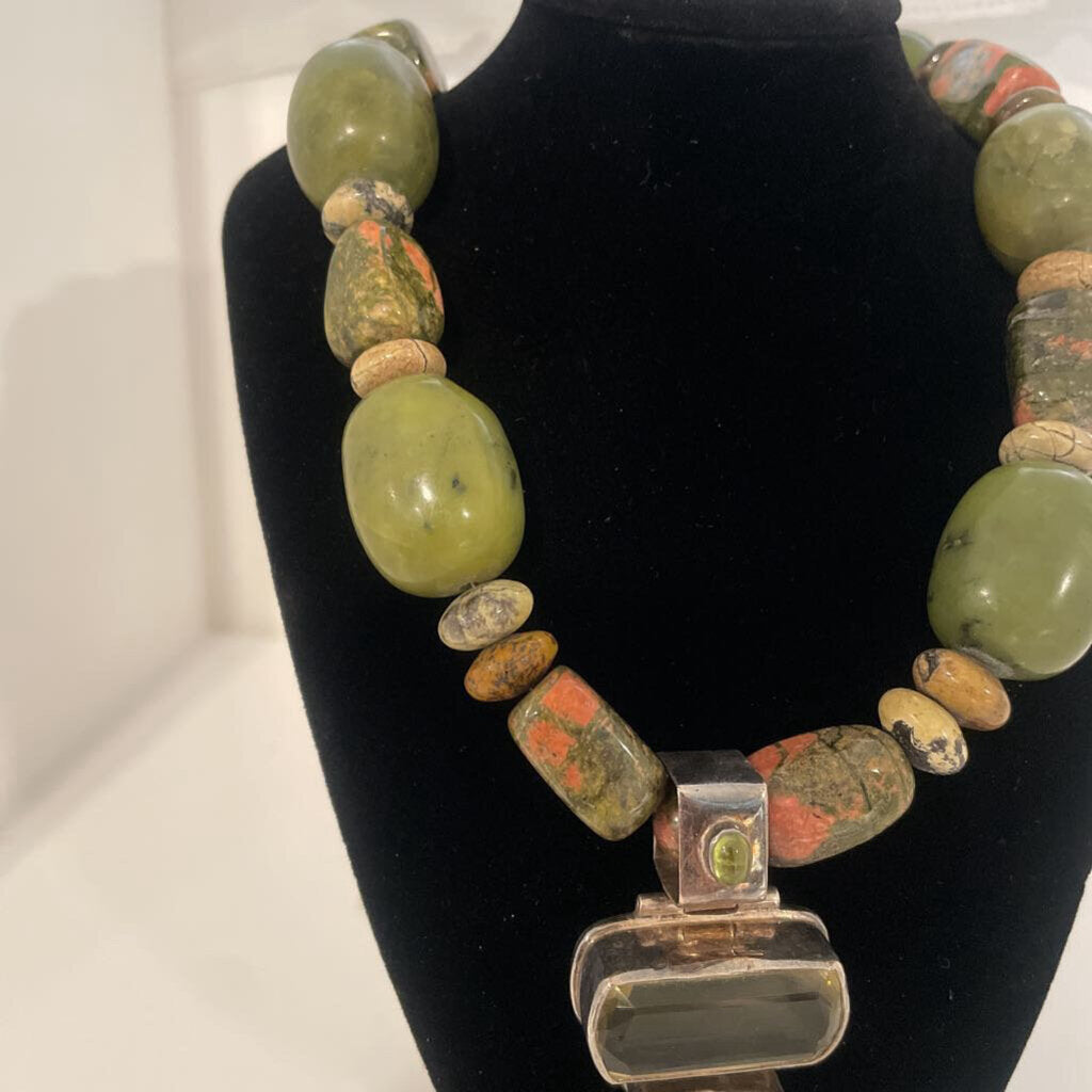 Unakite and Jasper Necklace W/ Silver & Stone Pendant